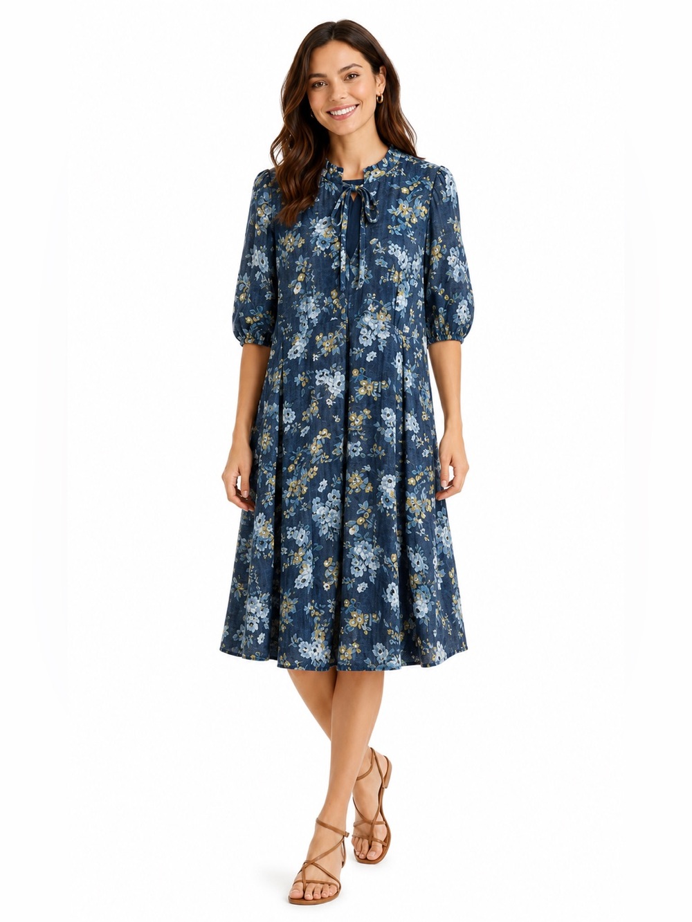 MICHEL STUDIO Blue Floral Midi Dress 3/4 Sleeve Fully Lined US Sz 12